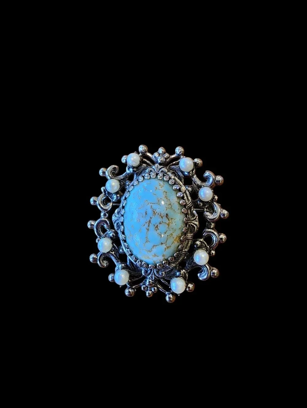 Vintage Victorian Revival Turquoise And Pearl Costume Brooch Pendant Combo 60s